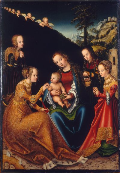 Die mystische Hochzeit der Heiligen Katharina von Alexandria mit den Heiligen Dorothea, Margareta und Barbara von Lucas Cranach the Elder